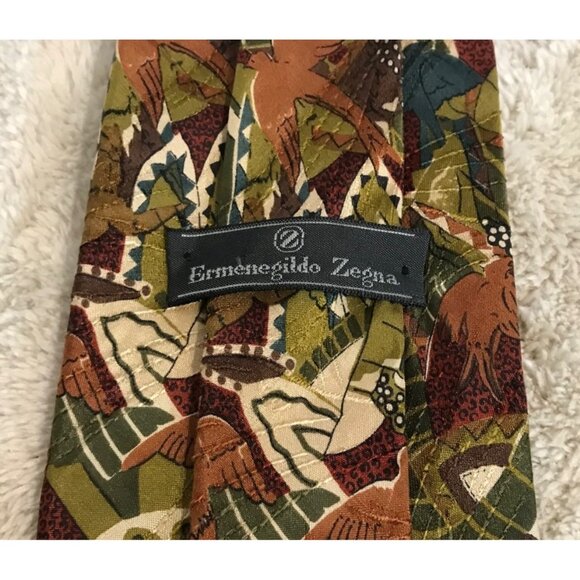 Ermenegildo Zegna 100% Silk Mens Tie Multicolor Leaf & Bird Design Green Brown - Picture 3 of 4